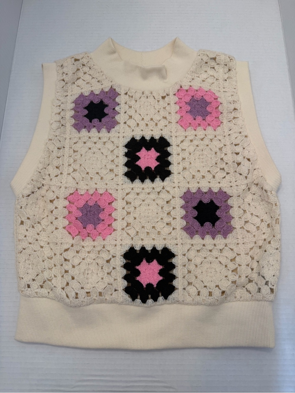 Rare ZARA Women’s Crochet Open-Knit Sweater Vest Crew Neck Geometric Ivory M